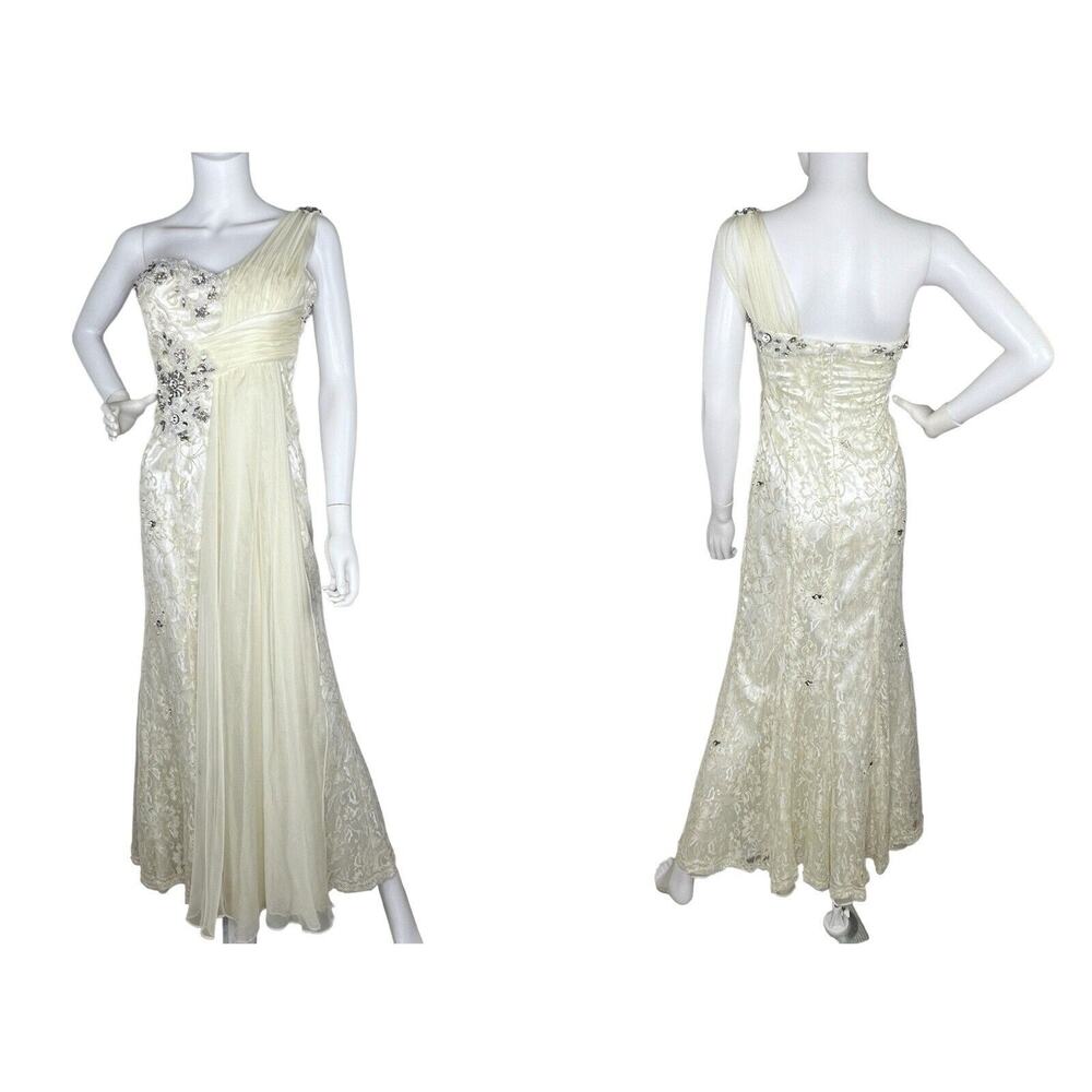 Beaded Gown Maxi Dress One Shoulder Lace Fairy Angel Goddess Prom Ivory Size 6